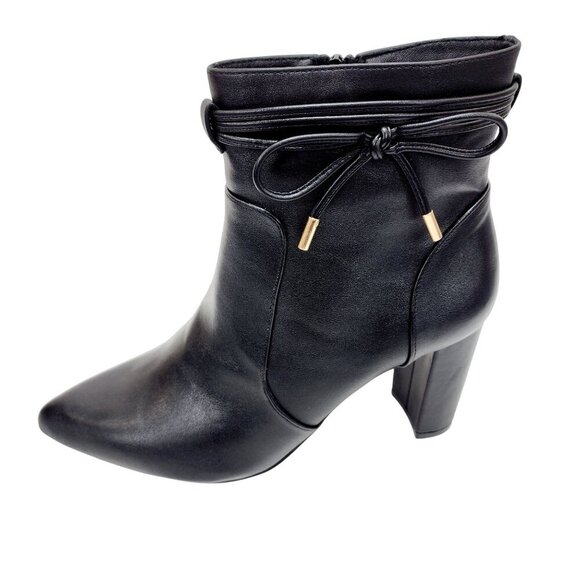 Womens Pointed Toe Ankle Boots Blocked Mid Heel Bow Side Faux Suede Chelsea 9 - Picture 5 of 16